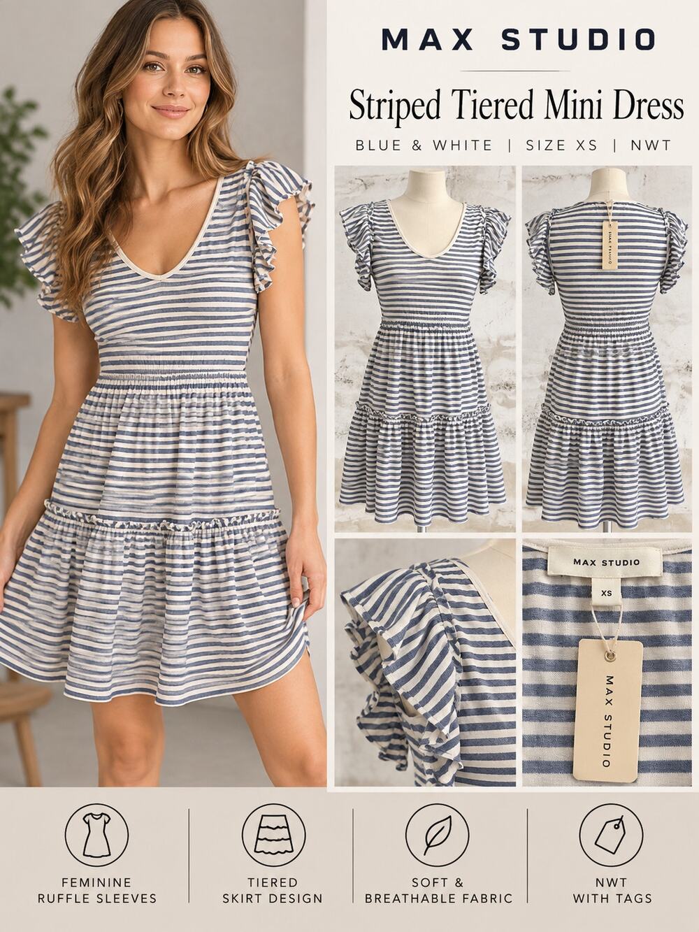 Max Studio $98 Blue & White Striped Ruffle Sleeve Tiered Mini Dress XS NWT